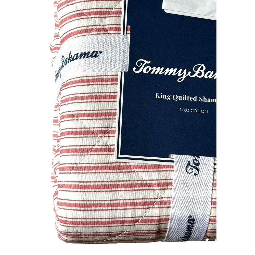 Tommy Bahama King Quilted Sham Shams 100% Cotton Makena Stripe Red Set of 2